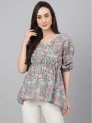  Floral Aqua Blue Cotton Print 	V Neck Peplum top 