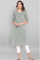 Grey Cotton Round Neck Woven Design Kurtis 