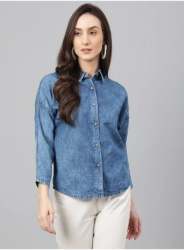  Janasya Shirt Blue Denim Solid Style Women Top