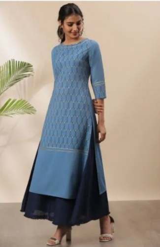 Janasya Womens anrakali Blue Poly Crepe Kurtis by Thread Bucket Studio LLP