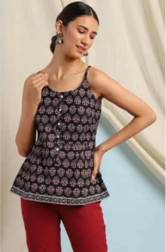  Janasya Womens Black Floral Print Cotton Top