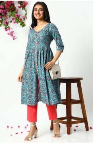 Janasya Womens Blue Anrakali V Neck cotton kurtis  by Thread Bucket Studio LLP