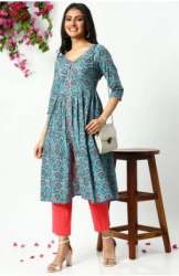 Janasya Womens Blue Anrakali V Neck cotton kurtis 