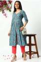 Janasya Womens Blue Anrakali V Neck cotton kurtis  thumb 4