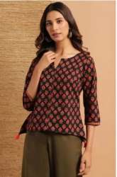 Regular Round Neck Floral Print cotton Black top