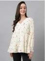 White Cambric Cotton Floral Print Gathered Top