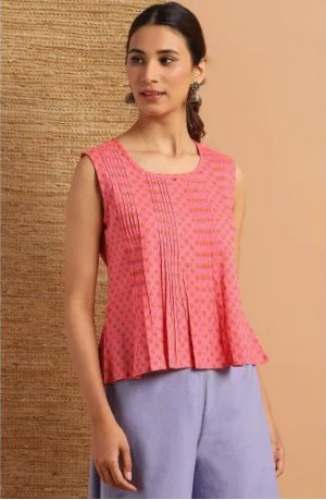 Womens Janasya  Floral Print Pink Cotton Top