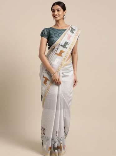 Kvsfab Printed Linen Blend Saree by pisara