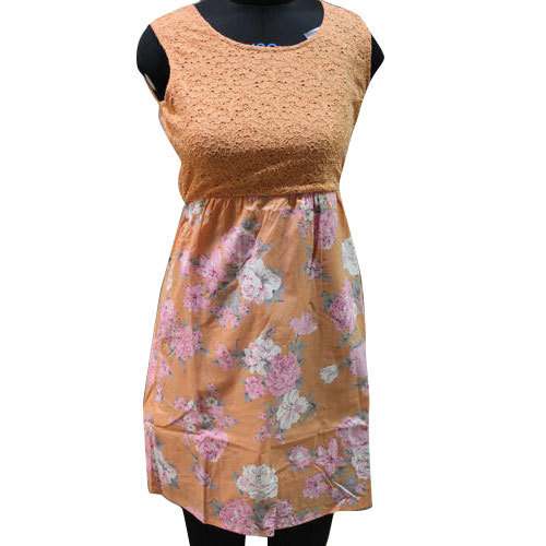 Ladies Cotton Printed Orange Dress