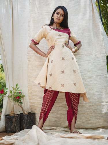 Beige High-Low Khadi Embroidered Kurta Tulip Pant