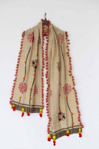Beige Khadi Floral Embroidered Dupatta Tassels 
