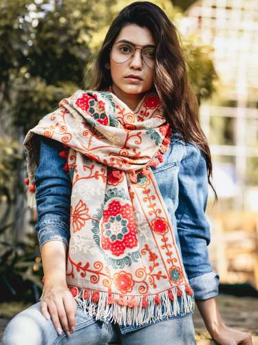 Beige Woollen Embroidered Khadi Muffler  by Mesmora