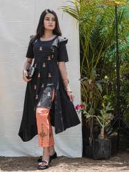 Black Asymetric Khadi Embroidered Kurta and bottom