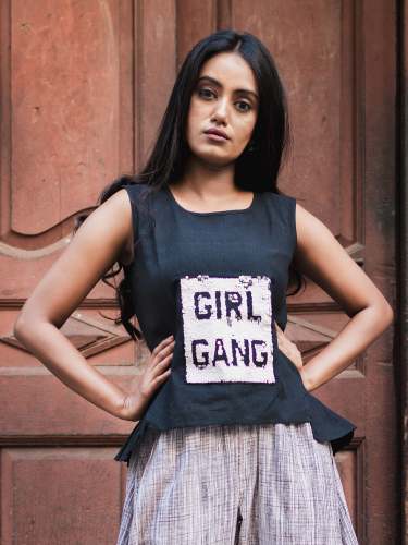 Black Boho Khadi Pached Top