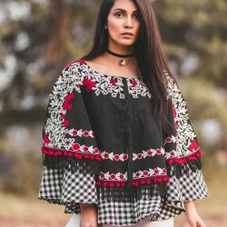 Black checks embroidery poncho
