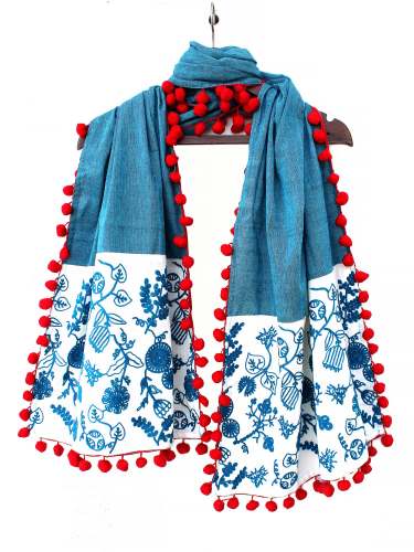 Blue 100% khadi Panel Embroidered Stole/dupatta