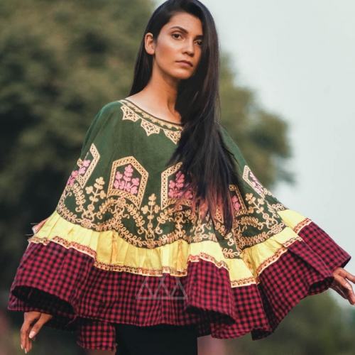 Boho Style Embroidery checks poncho