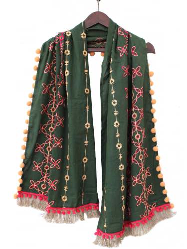 Deep Green 100% khadi Fully Embroidered Stole 