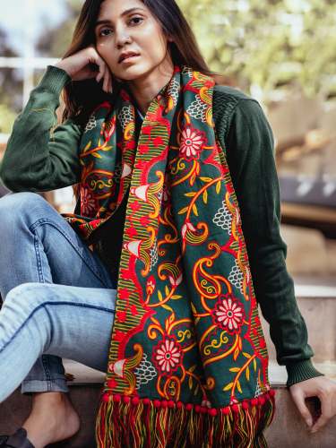Deep Green Woollen Heavily Embroidered 