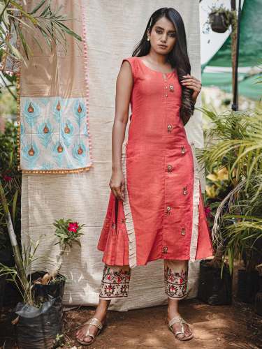 Gajari Sided Embroidered  Khadi Kurta Bottom Set 