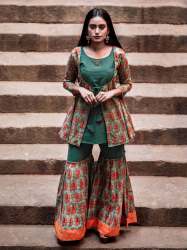 Green Hand Block Printed Cotton Sharara Set 