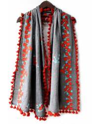 Grey 100% khadi Embroidered Stole/dupatta