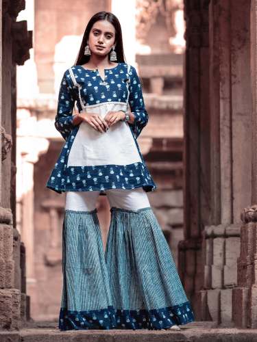 Indigo butti Printes Cotton Sharara Set 