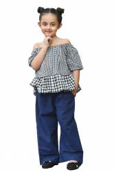 kids Checks Off-Shoulder Top And Blue Pant combo 