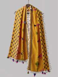 Mustard Temple Embroidered Linen Festive Dupatta