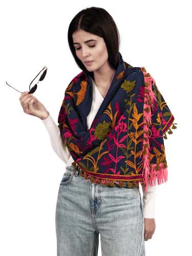 Navy Blue Woollen Embroidered Khadi Muffler
