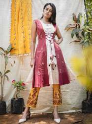 Offwhite Beige Jacket Kurta Embroidered Bottom Set