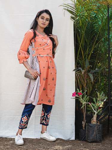 Orange Assymetric Khadi Embroidered Kurta pant set