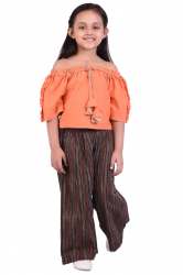 Orange Khadi Cold Shoulder Kids Top And Botton Set