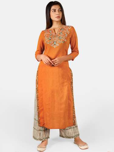 Orange long embroidered neck kurta