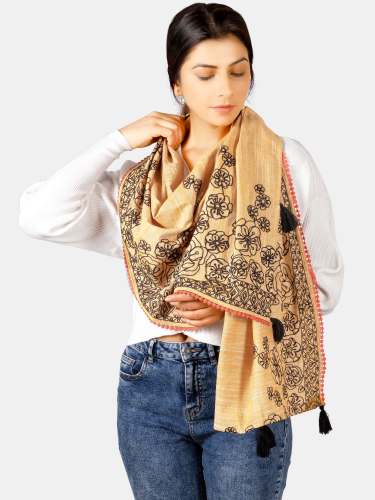 Orange Slub Khadi Black Embroidered Stole 