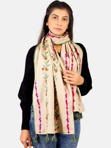 Pink Olive Flower Embroidered Khadi Beige Stole