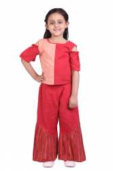 Red Half-Half Kids Sharara Top Bottom Set 