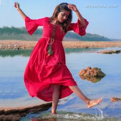 Red lining linen casual womens maxi dress