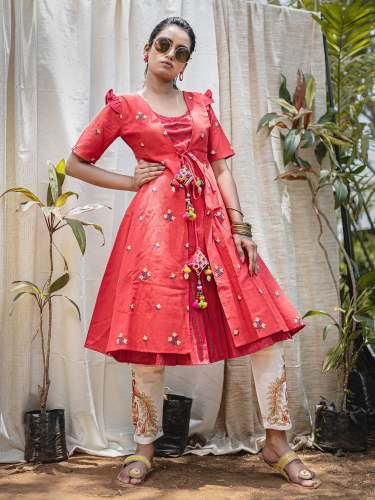 Red Rowdy Embroidered Khadi Kurta Bottom Set 
