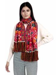 Red Woollen Heavily Embroidered Khadi Muffler