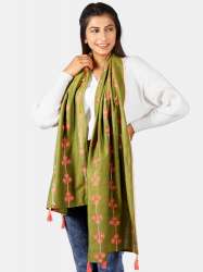 Tiny Floral Bunch Olive Green Embroidered Stole 