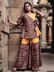 Wine Ikat Printed Cotton Khadi  Sharara Set 