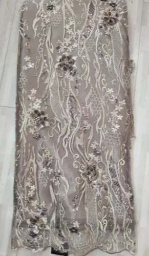 Beige Sequence Embroidered Garment Fabric 
