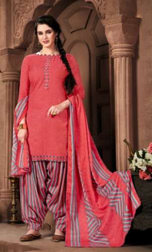 red dress material with printed dupatta