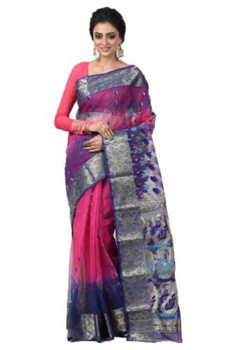 Fancy Pink and blue Tussar silk saree by Adiohinimohankanjilal