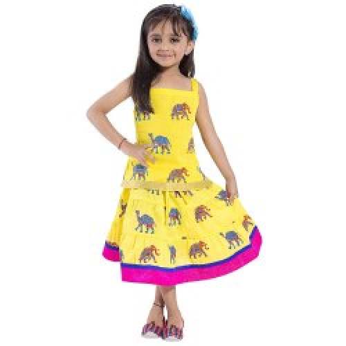 Fancy Yellow Color Kids Skirt Top by Jaipuri Bandhej