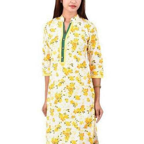Trendy Fancy Cawl Neck Cotton Yellow Kurti