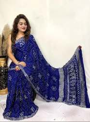 Fancy Blue Bandhej Modal Silk Saree For Women
