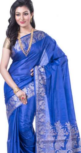 Blue Pure Tussar Silk With Weaving Work