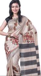 Golden Grey Pure Tussar Silk Embroidery Work Saree
